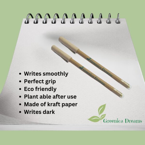 A plantable pen made from kraft paper, featuring a seed capsule at the end. The pen is shown on a white background with a small pot of soil and a sprout, demonstrating its eco-friendly and sustainable design.