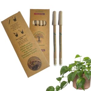 A plantable pen made from kraft paper, featuring a seed capsule at the end. The pen is shown on a white background with a small pot of soil and a sprout, demonstrating its eco-friendly and sustainable design.