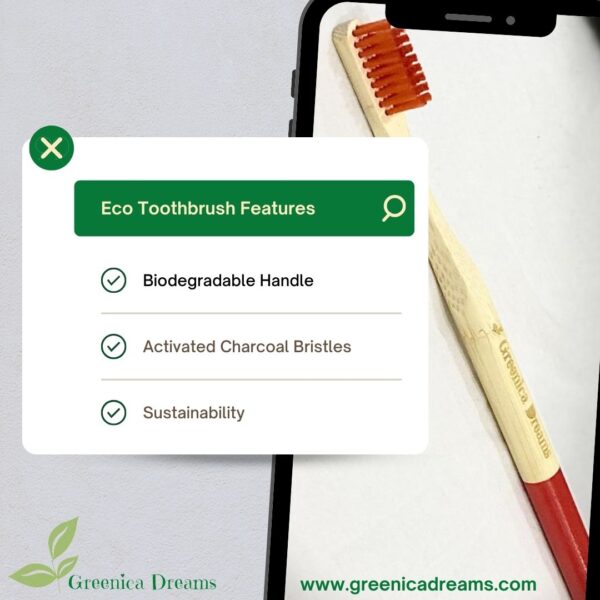 A bamboo toothbrush with a biodegradable handle and soft, BPA-free nylon bristles, showcasing an eco-friendly design against a white background.